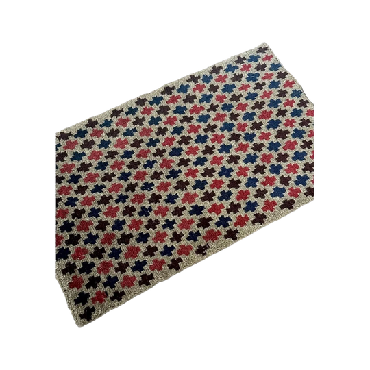 Mid-Century Wool Rug with Blue, Red and Brown Crosses, 131 x 80 cm