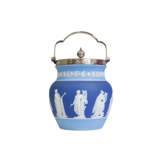 Tricolour Biscuit Barrel, Shape No. 3, Cobalt and Old Pale Blue Dip, Silver-Plate Mounted with Muses