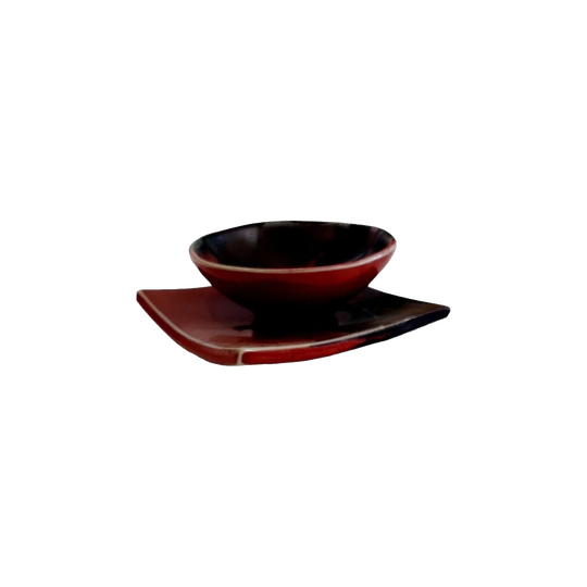 One Tree Hill Pottery Signed Small Bowl with Footed Underplate in Dark Reds and Blacks