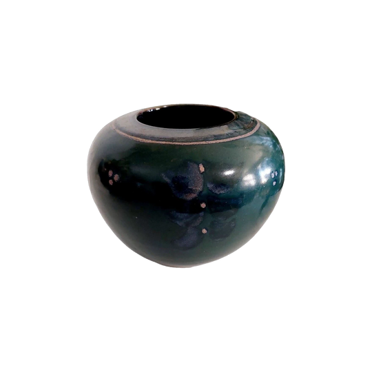 Tony Barnes Dark Green Glazed Pottery Vase with Abstract Design, Australian Studio Pottery, Moonshine Pottery (Malmsbury, Victoria)