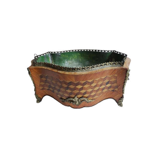 Antique French Marquetry Table Jardiniere Planter with Trompe L'oeil Inlay and Removable Zinc Liner