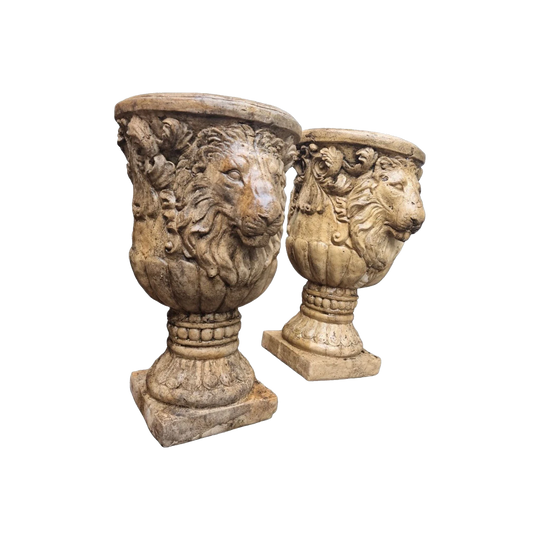 Cast Stone Lion Head Garden Urns/Pots – Baroque Italian Style, Handmade