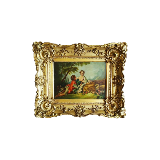 The Lovers — Antique French Oil on Board, Unsigned, in Ornate Gilt Frame