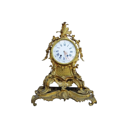 Large Antique French Rococo Bronze Clock, Enamel Dial, H. Luppens Paris, 55 cm
