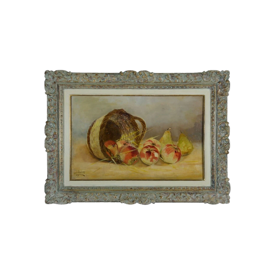 Antique French School Oil Painting – Still Life with Apples, Signed, Canvas on Board