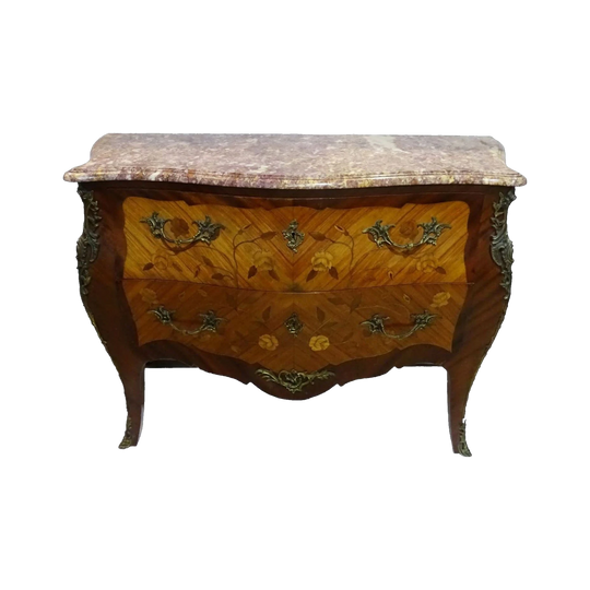 Early 20th Century French Marquetry Commode with Original Pink Marble Top and Bronze Mounts