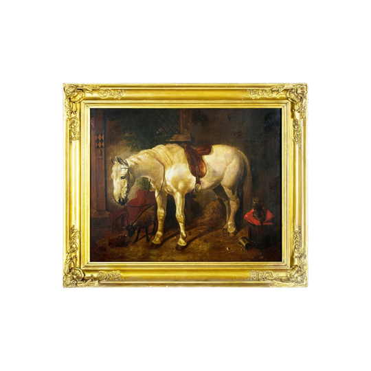 19th-Century British School Oil Painting — Horse and Farm Animals in a Barn, Circle of John Frederick Herring Jr., Oil on Canvas on Board, Antique Gilt Frame, 50 x 61 cm