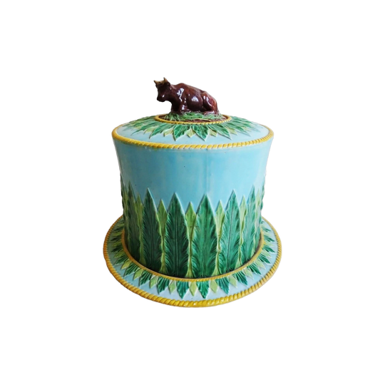 Antique George Jones Majolica Cow-Finial Full Stilton Cheese Dish, c. 1870