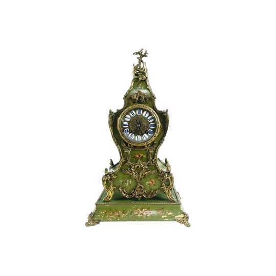 Antique French Green-Painted Clock with Bronze Mounts on Separate Stand, Key and Pendulum