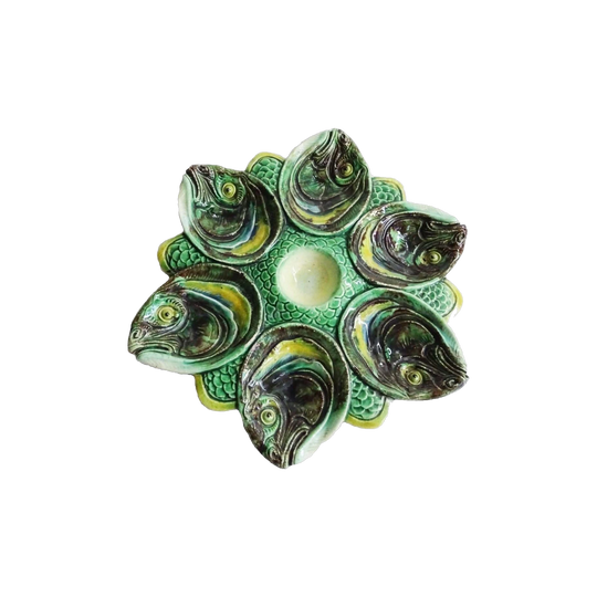 Antique French Majolica Palissy Ware Oyster Plate with Eel/Fish Head Decoration, 27 cm
