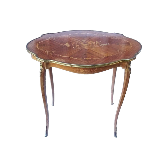 Antique French Marquetry-Inlaid Salon Table with Brass Trim and Bronze Mounts