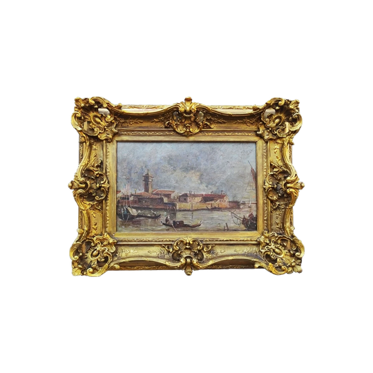 Boats in Venice, After Francesco Guardi – Italian Oil on Canvas Laid on Cradled Panel, Antique Gilt Frame