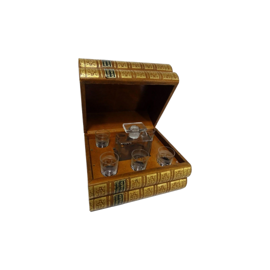 Antique French Secret Book Tantalus with Decanter and Five Shot Glasses (One Missing)
