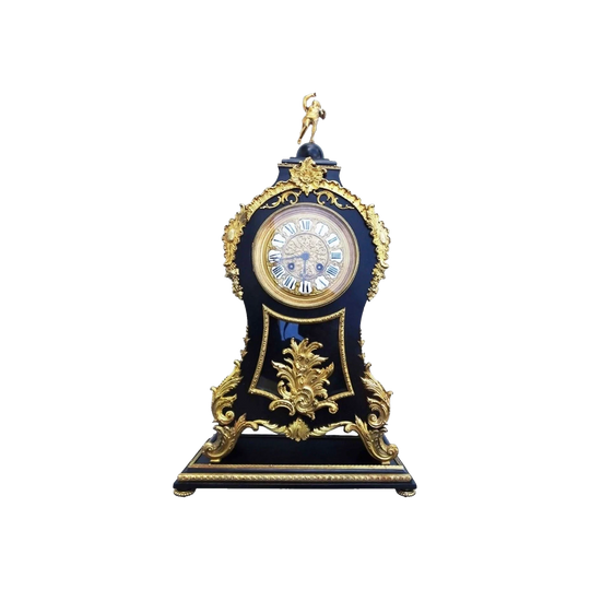 19th-Century French Black Lacquer Clock on Stand with Gilt Bronze Mounts
