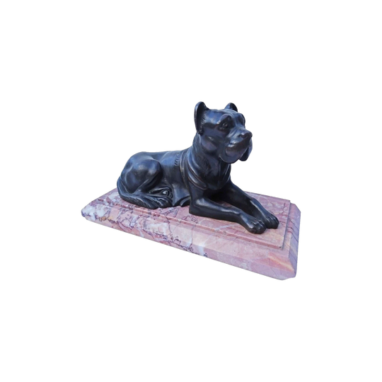 Antique French Bronze Dog Statue on Rouge Marble Base