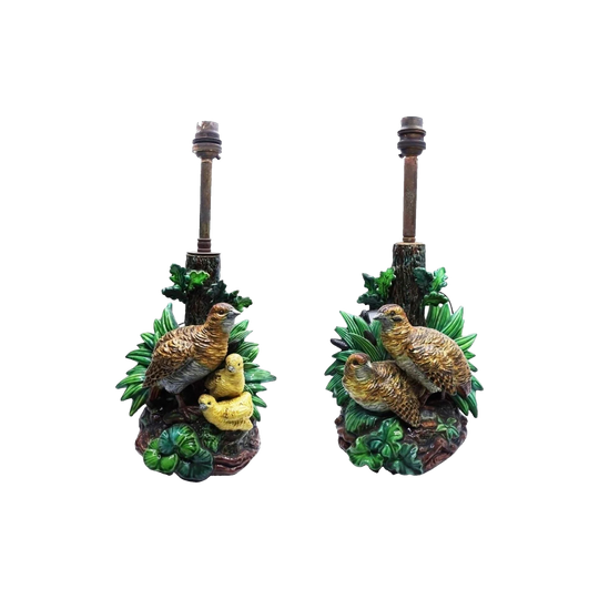 Pair of Antique Hugo Lonitz Majolica Quail Table Lamps