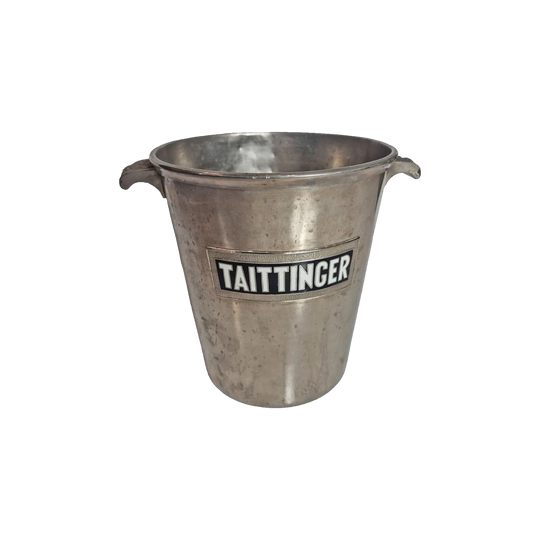 Vintage French Taittinger Champagne Bucket – Old Nickel‑Silvered Finish, Enamel Logo, Cast Grape Handles