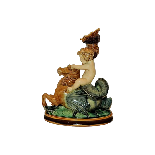 Antique Minton Majolica Centrepiece, Cherub on Seahorse with Cornucopia, 1859