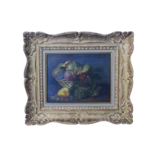 Antique French Still Life of Fruit, 1857, Oil on Paper on Panel, Monogram Signed, Period French Frame
