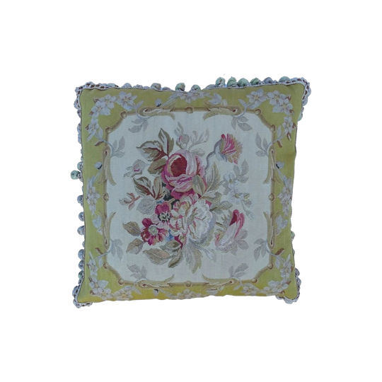 French Needlepoint Aubusson-Style Tapestry Cushion – Pale Pink Rose, Gold Border, Tasselled Edges, 50 cm