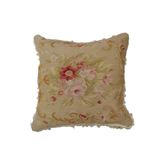 French Needlepoint Aubusson-Style Tapestry Cushion with Roses and Tasselled Edges, 51 cm