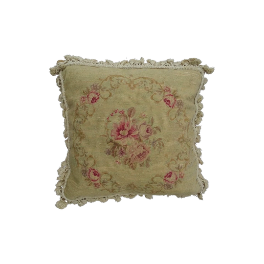 Vintage French Aubusson-Style Needlepoint Tapestry Cushion, Pale Pink Roses, Tasselled Edges, 46 x 45 cm
