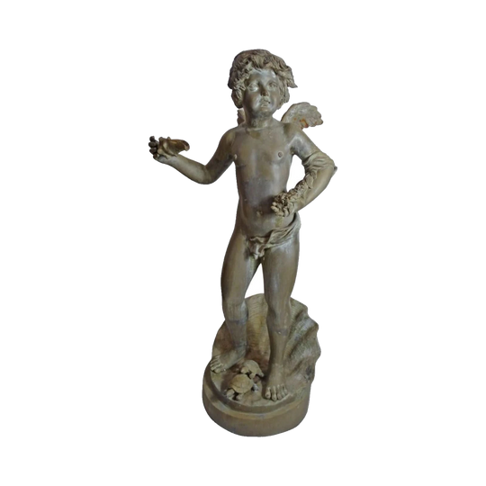 Large Bronze Winged Boy Cherub Garden Fountain Statue with Shell and Turtles