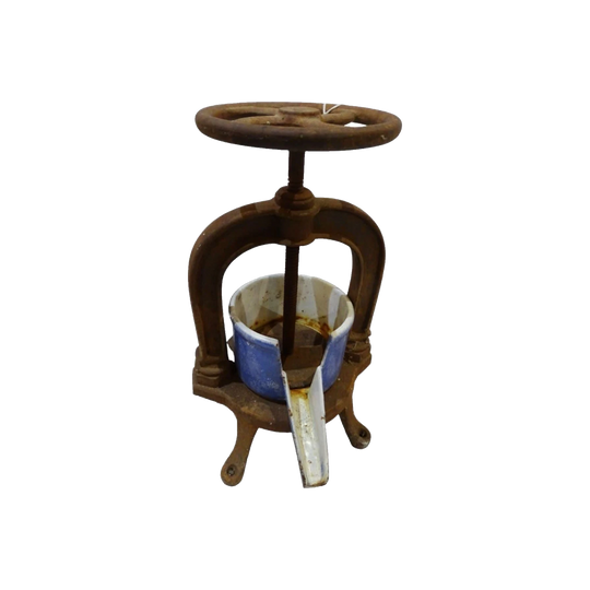 Antique French Iron Fruit and Citrus Press with Enamel Bowl, Large