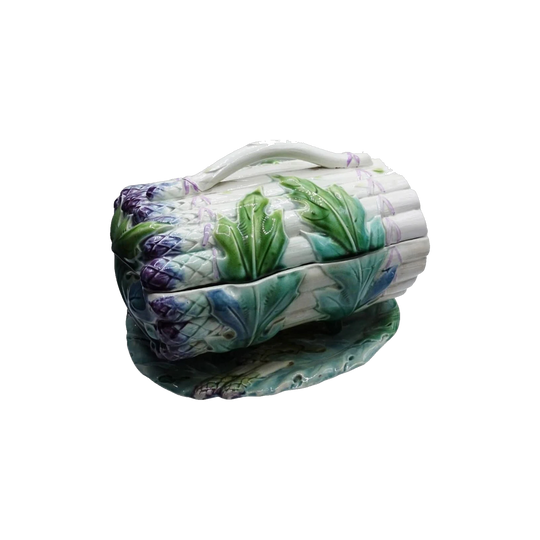 Antique French Majolica Asparagus Tureen with Under Dish, Attributed to Longchamp, circa 1890s – Three-Piece Set