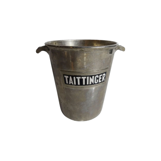 Vintage French Taittinger Champagne Ice Bucket, Nickel Finish, Enamel Name Plaque, CB 261, 20 cm