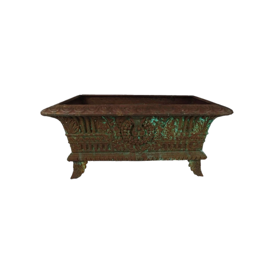 Antique French Cast Iron Planter, Rusted Finish with Traces of Green Paint