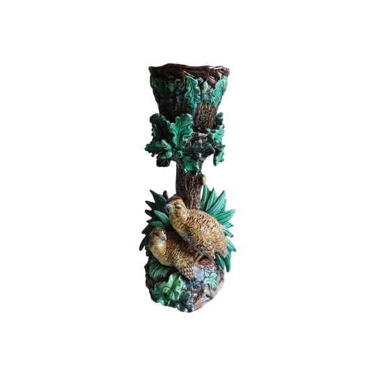 Antique Hugo Lonitz Majolica Quail Fern Holder Centrepiece