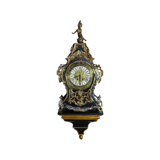 Large Early 19th Century French Black Lacquer Mantel Clock with Bronze Mounts on Separate Bracket