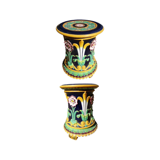 Pair of Minton Majolica Passionflower Garden Seats, c. 1870