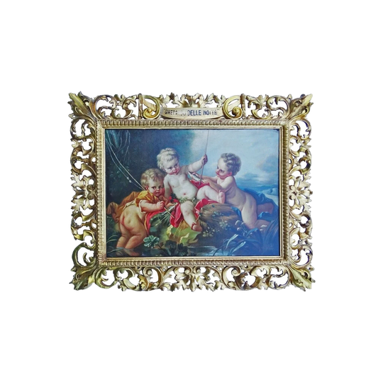 Antique Italian School “Cherubs at Play” Oil on Canvas, Hand-Carved 19th-Century Florentine Frame