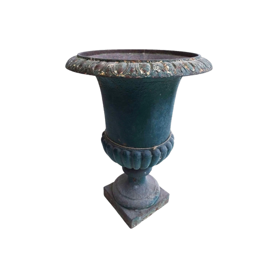 Antique French Cast Iron Garden Urn Planter, Original Distressed Green Paint, Gadrooned Edge