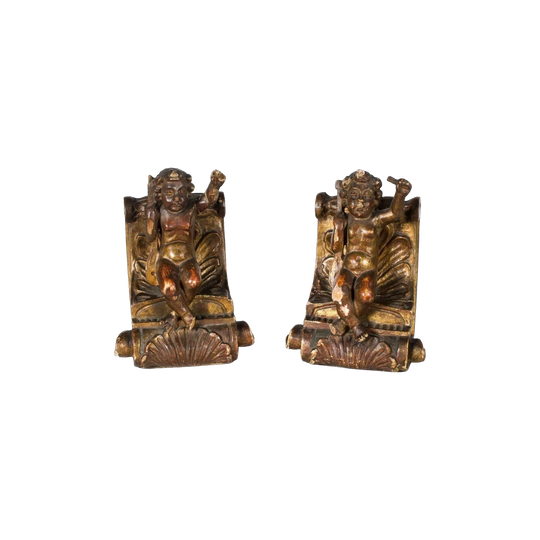 Antique Italian Carved Timber Polychrome Cherub Bookends (Pair)