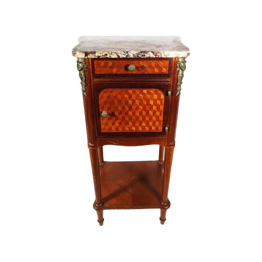Antique French Marquetry-Inlaid Marble-Top Bedside Cabinet, c. 1920
