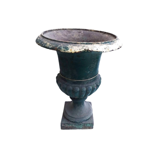 Antique French Cast Iron Garden Urn Planter, Original Distressed Green Paint