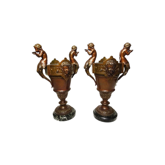 Pair of Antique French Fern Vases, Patinated Bronze over Spelter with Cherub (Putti) and Mask Decoration on Marble Bases, in the Style of Pierre Gouthière