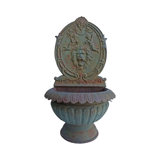 Italian Renaissance-Style Cast Iron Garden Fountain with Lion Head and Cherubs, Mid-20th Century