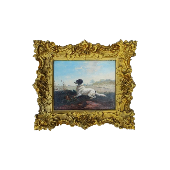 Antique French School c.1860 Oil on Panel, Dog in a Landscape, Gilt Frame