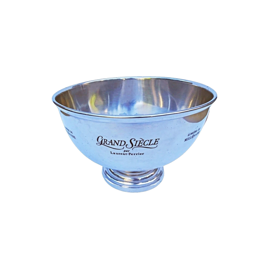 Vintage French Laurent Perrier Champagne Bowl/Bucket – 'Grand Siecle' 'Lumiere du Millenaire' with Gilt Sun King Medallions, Heavy Polished Tin/Pewter, Multi‑Bottle