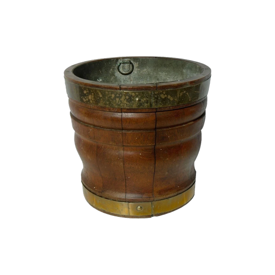 Antique French Brass-Bound Oak Bucket with Internal Zinc Liner, Holds Four Bottles
