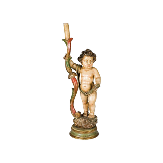 Antique Italian Polychrome Carved Timber Cherub Figure Candle Holder, 62 cm H