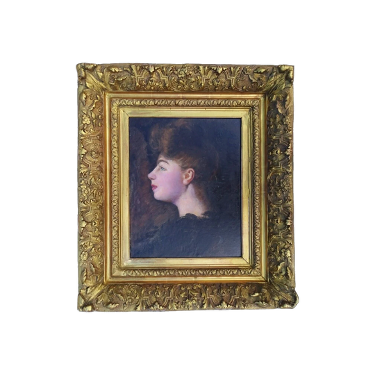Antique French Profile Portrait of a Lady, Oil on Canvas on Board, c.1900, Monogram Signed, 19th-Century Gilt Frame