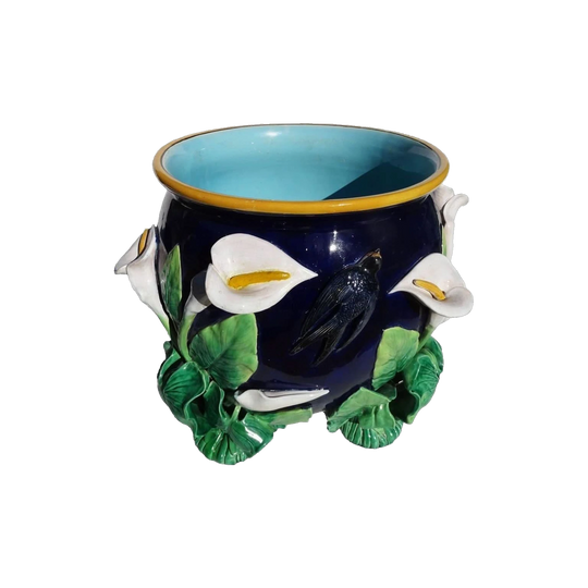 George Jones Majolica Cobalt-Blue Ground Jardiniere with Swallows and Calla Lilies, c. 1870