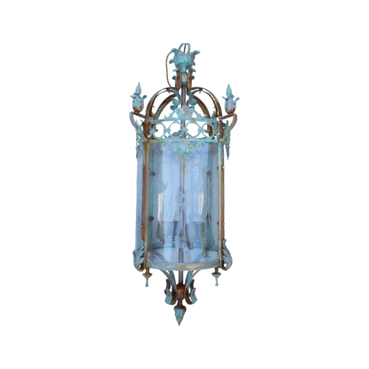 Large French Louis XV Style Cast Brass Cylindrical Lantern with Etched Glass, Antique, Rewired Four-Light