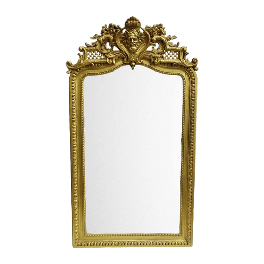 Antique French 19th Century Gilt Overmantel Mirror with Mask-Head Crest