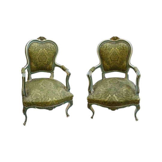 Pair of Early 20th Century French Louis XV Style Armchairs, Green/White Painted with Green and Gilt Upholstery